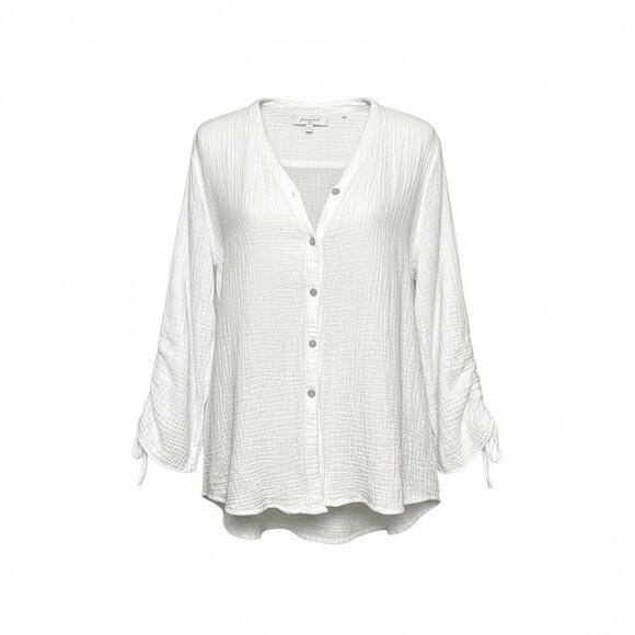 Foxcroft White Gauze Cotton Button Blouse XL Ruched Sleeves Boho Chic Coastal - Picture 1 of 11